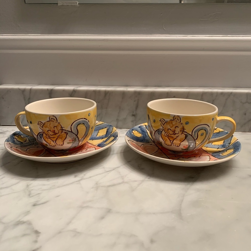 Hand-Painted Ceramic Cup & Saucer Set of 2